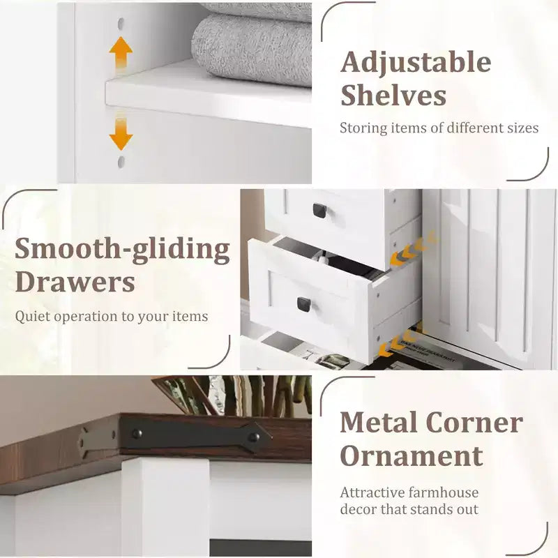 Farmhouse 5-Drawer Dresser with Sliding Barn Door, 48 Tall Wood Chest of Drawers with Adjustable Shelf for Bedroom, Entryway, Living Room White