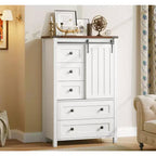Farmhouse 5-Drawer Dresser with Sliding Barn Door, 48 Tall Wood Chest of Drawers with Adjustable Shelf for Bedroom, Entryway, Living Room White