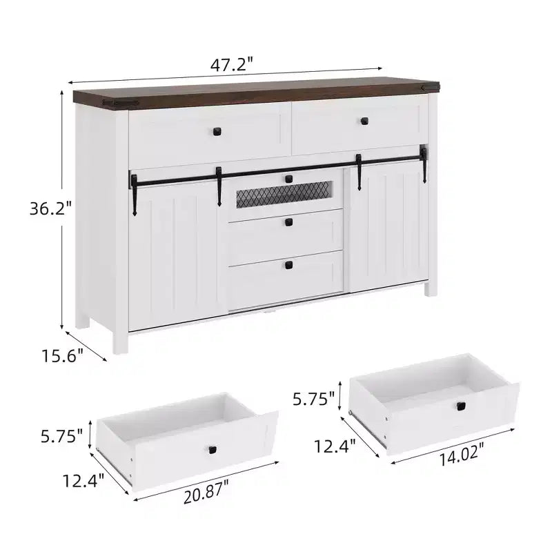 Farmhouse 5-Drawer Dresser with Sliding Barn Door, 48 Tall Wood Chest of Drawers with Adjustable Shelf for Bedroom, Entryway, Living Room White