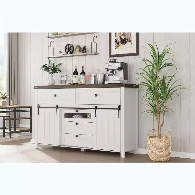 Farmhouse 5-Drawer Dresser with Sliding Barn Door, 48 Tall Wood Chest of Drawers with Adjustable Shelf for Bedroom, Entryway, Living Room White