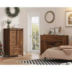 Farmhouse 5-Drawer Dresser with Sliding Barn Door, 48 Tall Wood Chest of Drawers with Adjustable Shelf for Bedroom, Entryway, Living Room White
