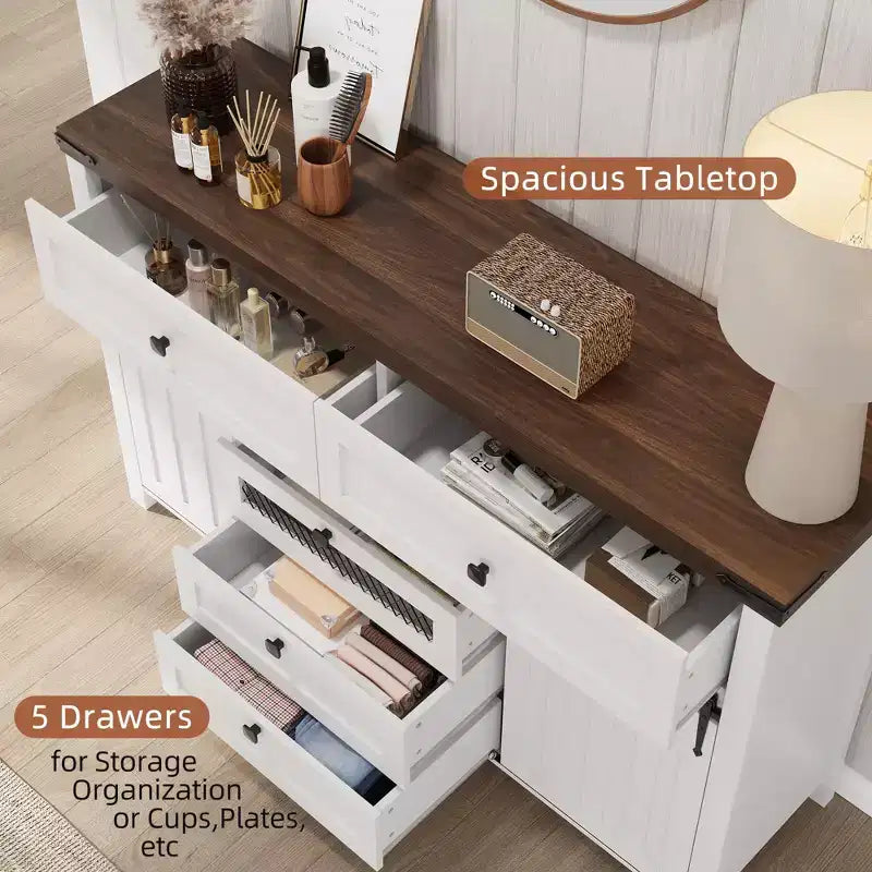 Farmhouse 5-Drawer Dresser with Sliding Barn Door, 48 Tall Wood Chest of Drawers with Adjustable Shelf for Bedroom, Entryway, Living Room White