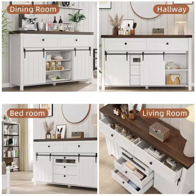 Farmhouse 5-Drawer Dresser with Sliding Barn Door, 48 Tall Wood Chest of Drawers with Adjustable Shelf for Bedroom, Entryway, Living Room White