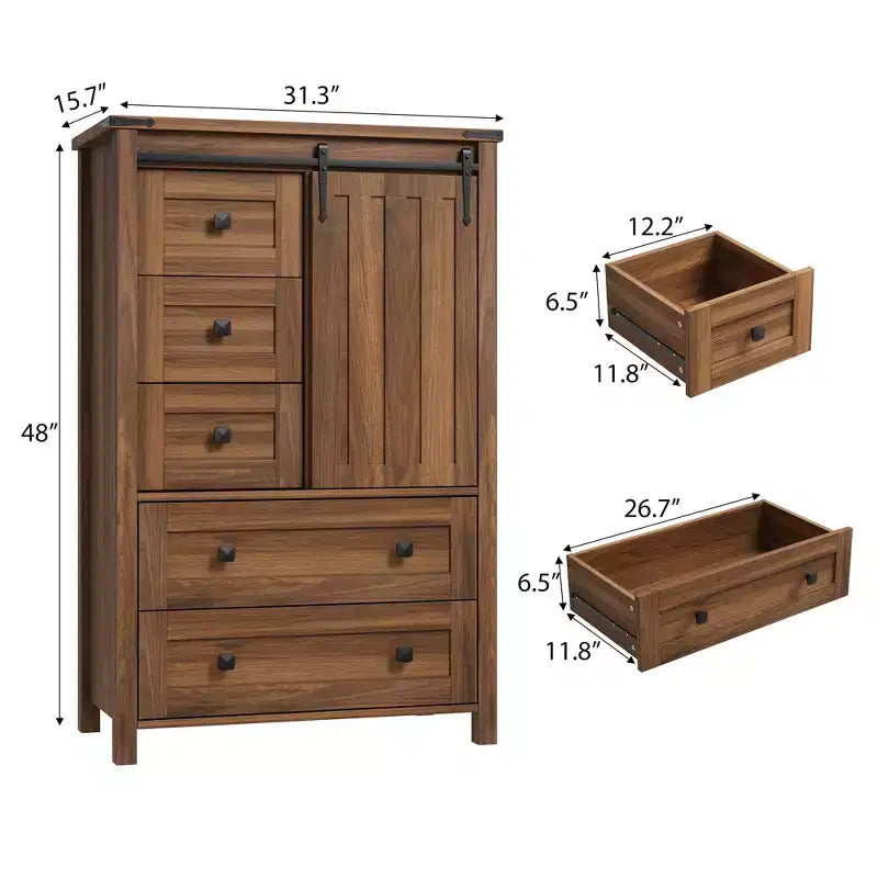 Farmhouse 5-Drawer Dresser with Sliding Barn Door, 48 Tall Wood Chest of Drawers with Adjustable Shelf for Bedroom, Entryway, Living Room White