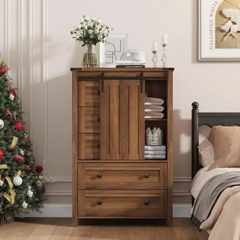 Farmhouse 5-Drawer Dresser with Sliding Barn Door, 48 Tall Wood Chest of Drawers with Adjustable Shelf for Bedroom, Entryway, Living Room White