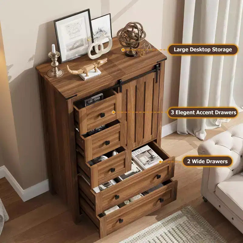 Farmhouse 5-Drawer Dresser with Sliding Barn Door, 48 Tall Wood Chest of Drawers with Adjustable Shelf for Bedroom, Entryway, Living Room White