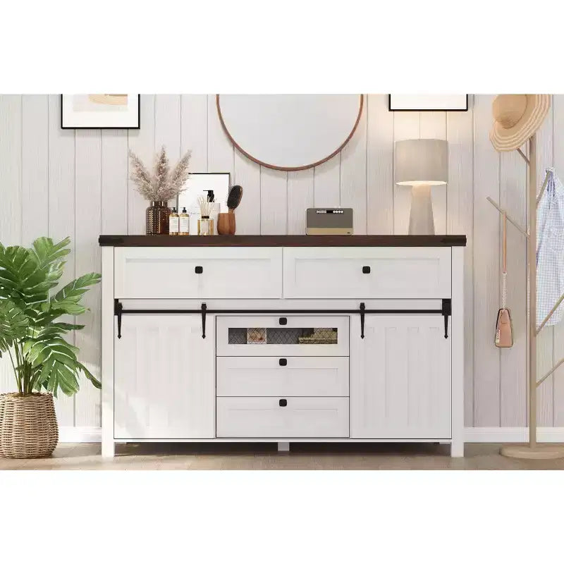 Farmhouse 5-Drawer Dresser with Sliding Barn Door, 48 Tall Wood Chest of Drawers with Adjustable Shelf for Bedroom, Entryway, Living Room White