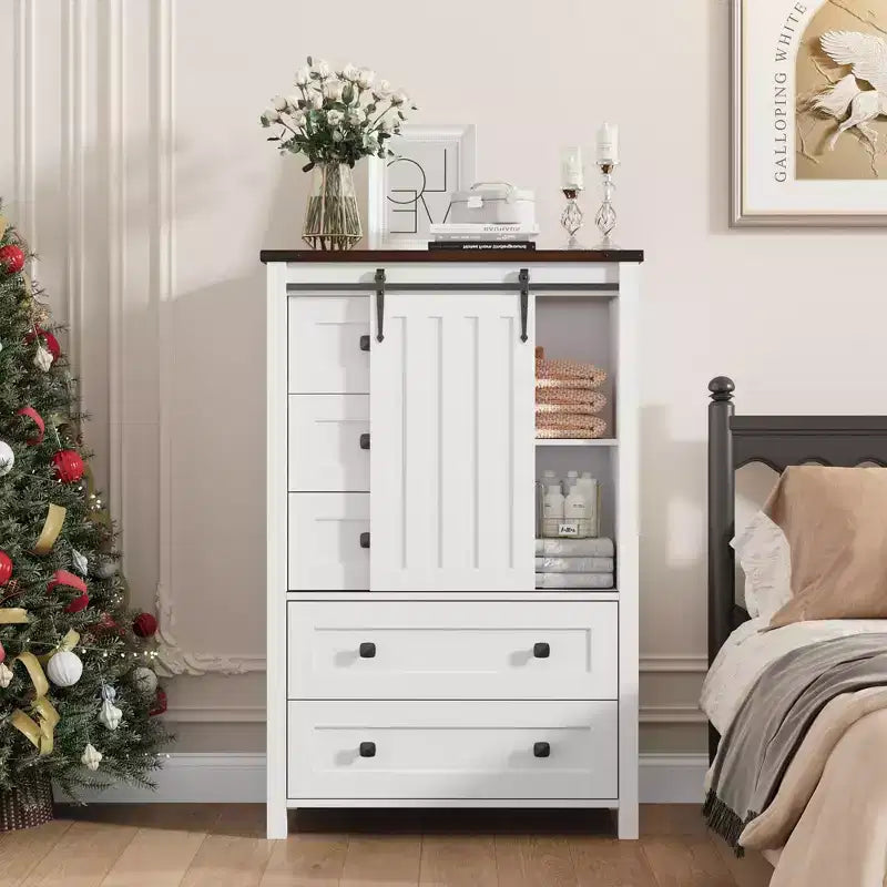 Farmhouse 5-Drawer Dresser with Sliding Barn Door, 48 Tall Wood Chest of Drawers with Adjustable Shelf for Bedroom, Entryway, Living Room White