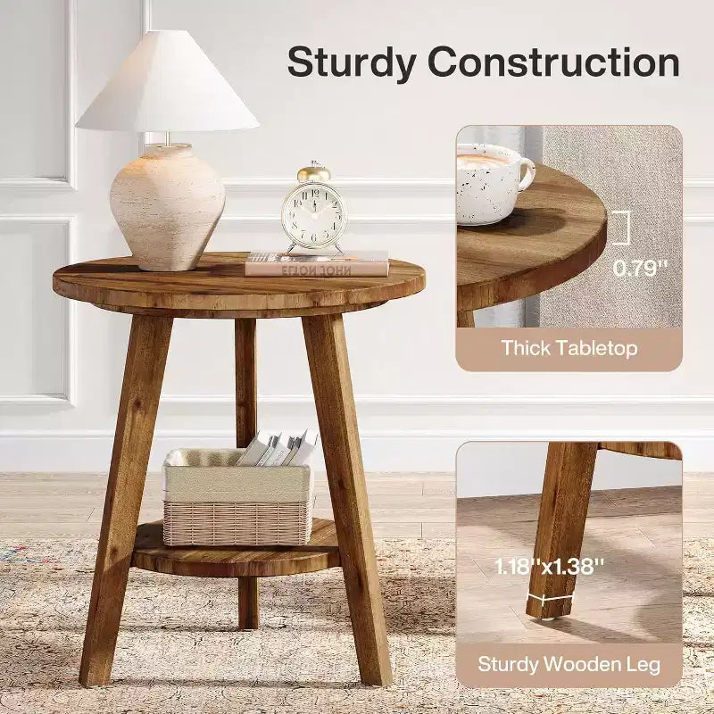 Solid Wood Round Side Table, 2-Tier Farmhouse End Table with Storage Shelf, Nightstand for Living Room, Bedroom, Easy Assembly
