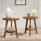 Solid Wood Round Side Table, 2-Tier Farmhouse End Table with Storage Shelf, Nightstand for Living Room, Bedroom, Easy Assembly