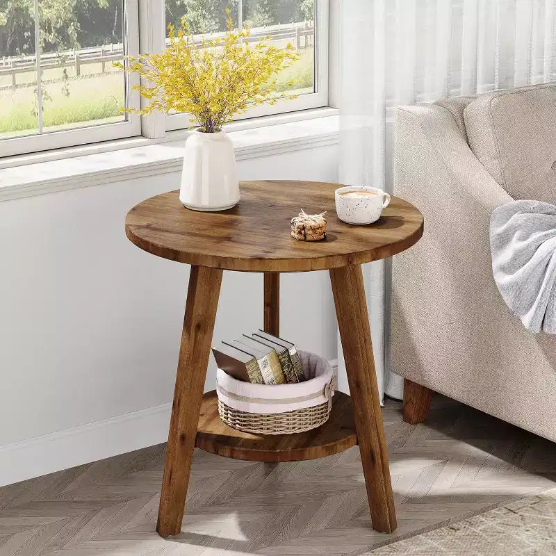 Solid Wood Round Side Table, 2-Tier Farmhouse End Table with Storage Shelf, Nightstand for Living Room, Bedroom, Easy Assembly