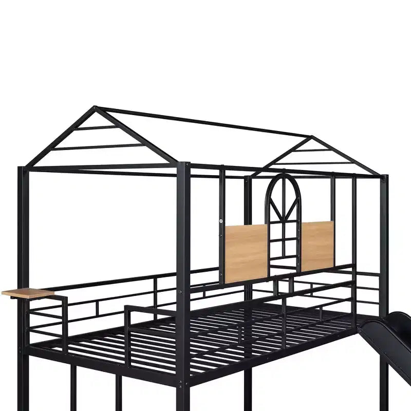 Twin Over Twin Bunk Bed & Housebed, Metal Bed Frame with Slide and Guard Rail