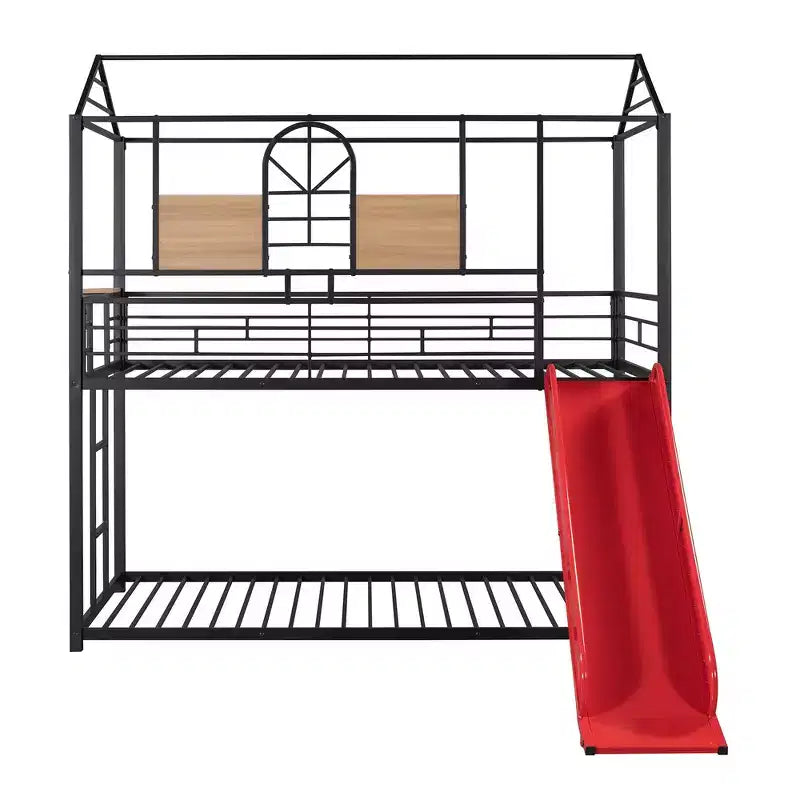 Twin Over Twin Bunk Bed & Housebed, Metal Bed Frame with Slide and Guard Rail