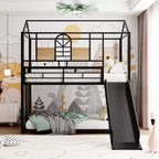 Twin Over Twin Bunk Bed & Housebed, Metal Bed Frame with Slide and Guard Rail