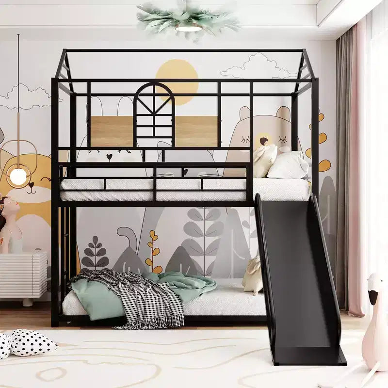 Twin Over Twin Bunk Bed & Housebed, Metal Bed Frame with Slide and Guard Rail