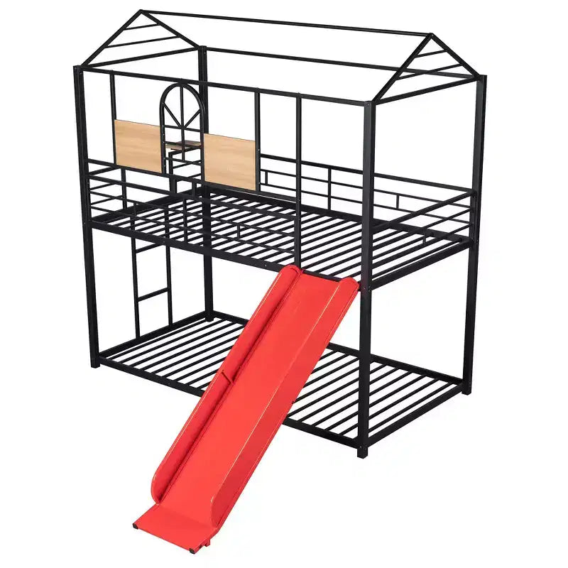 Twin Over Twin Bunk Bed & Housebed, Metal Bed Frame with Slide and Guard Rail