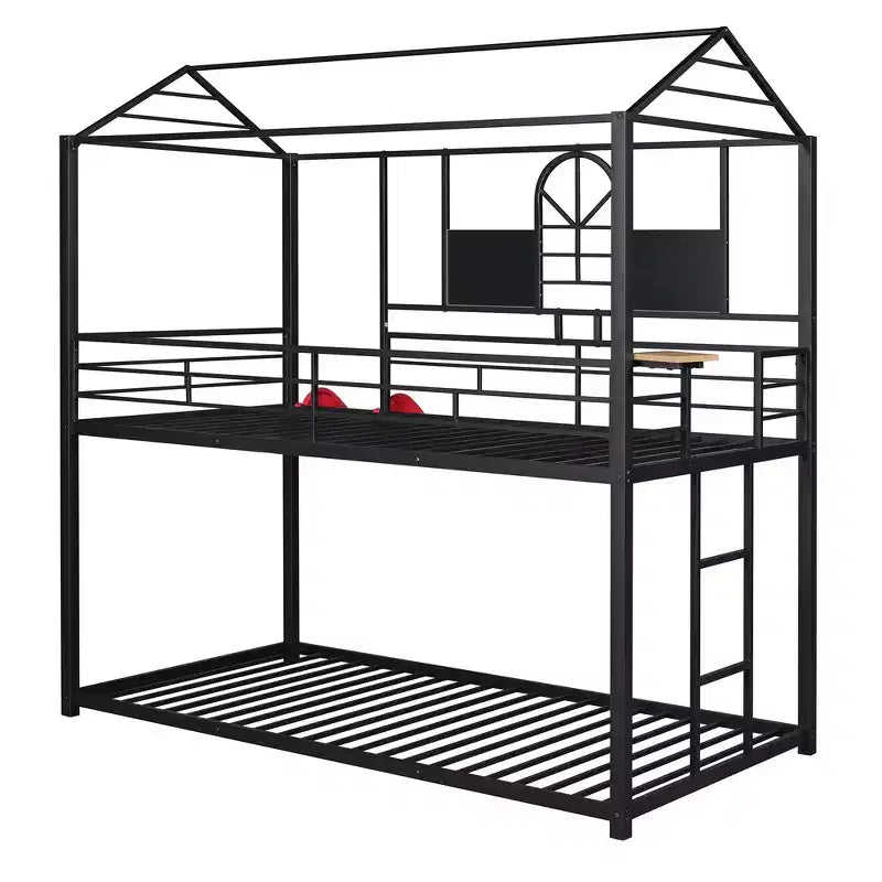 Twin Over Twin Bunk Bed & Housebed, Metal Bed Frame with Slide and Guard Rail