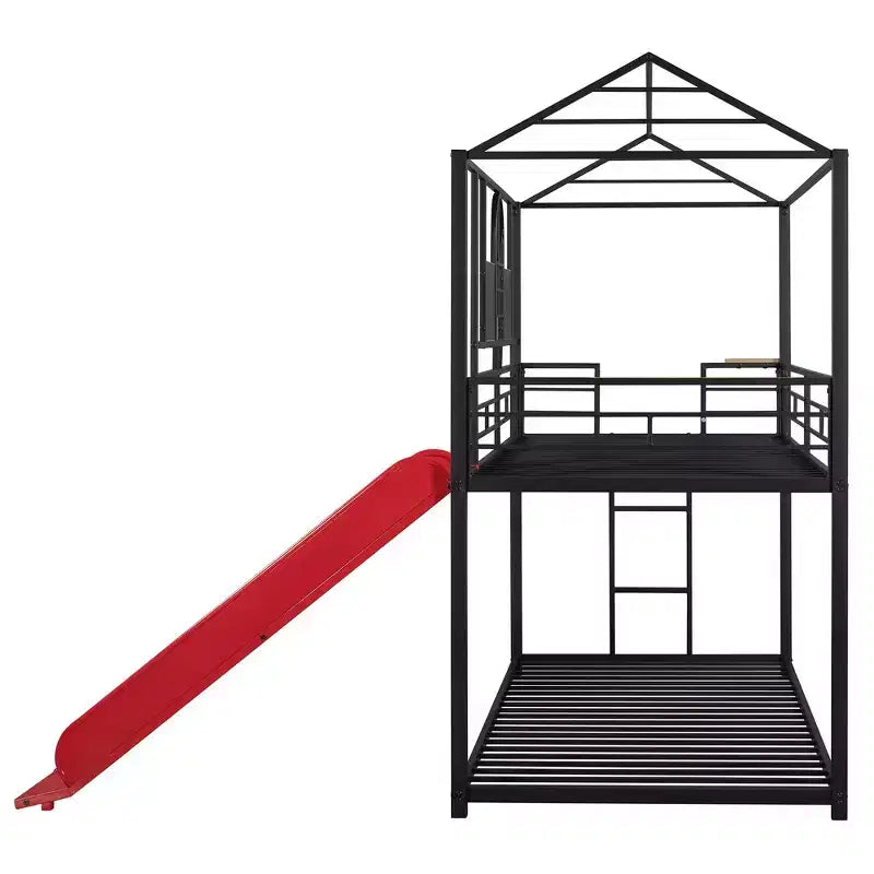 Twin Over Twin Bunk Bed & Housebed, Metal Bed Frame with Slide and Guard Rail