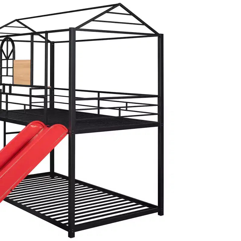 Twin Over Twin Bunk Bed & Housebed, Metal Bed Frame with Slide and Guard Rail