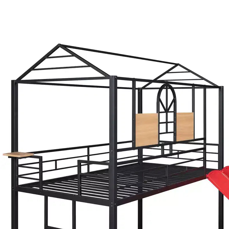 Twin Over Twin Bunk Bed & Housebed, Metal Bed Frame with Slide and Guard Rail