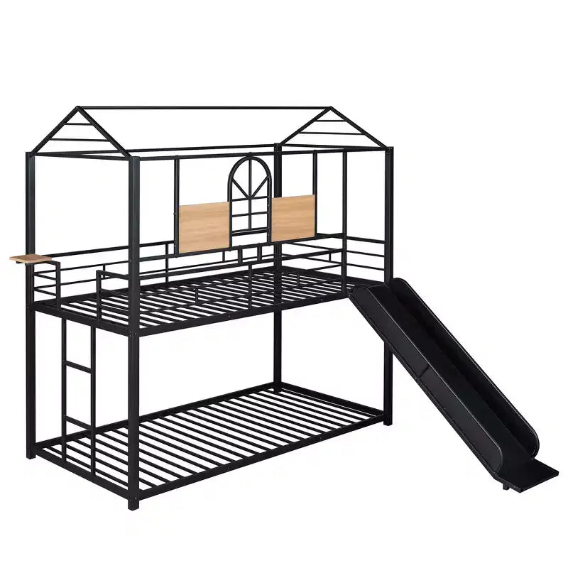 Twin Over Twin Bunk Bed & Housebed, Metal Bed Frame with Slide and Guard Rail