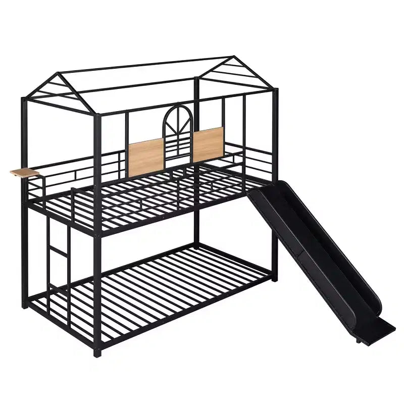 Twin Over Twin Bunk Bed & Housebed, Metal Bed Frame with Slide and Guard Rail