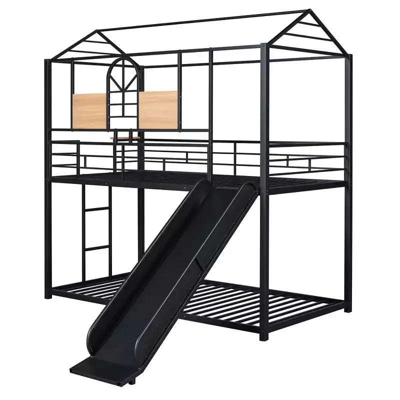 Twin Over Twin Bunk Bed & Housebed, Metal Bed Frame with Slide and Guard Rail