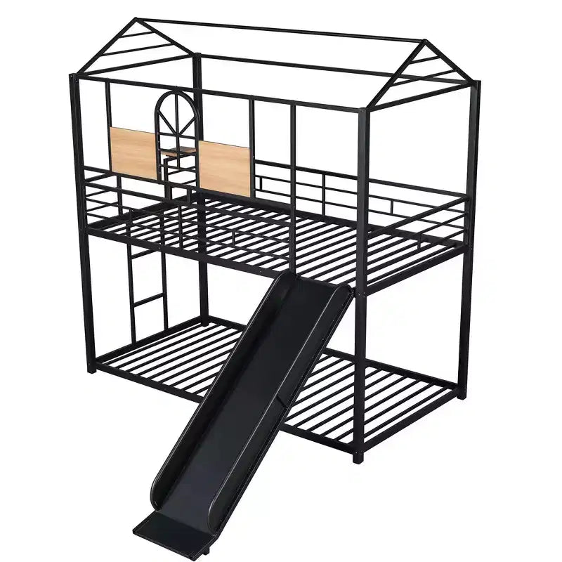 Twin Over Twin Bunk Bed & Housebed, Metal Bed Frame with Slide and Guard Rail