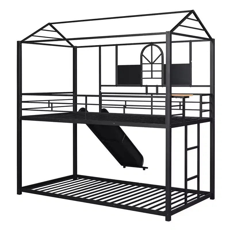 Twin Over Twin Bunk Bed & Housebed, Metal Bed Frame with Slide and Guard Rail