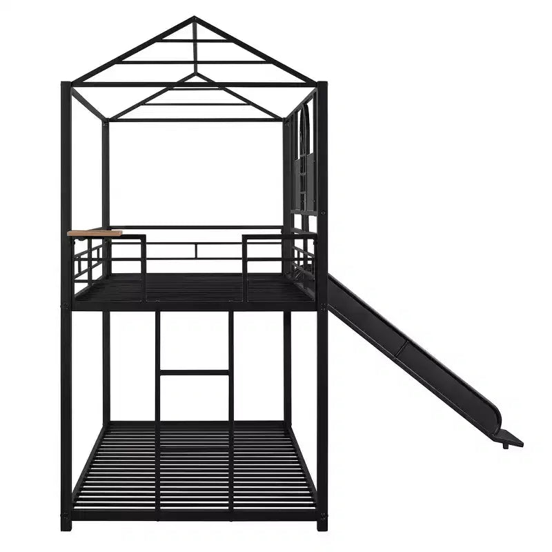 Twin Over Twin Bunk Bed & Housebed, Metal Bed Frame with Slide and Guard Rail
