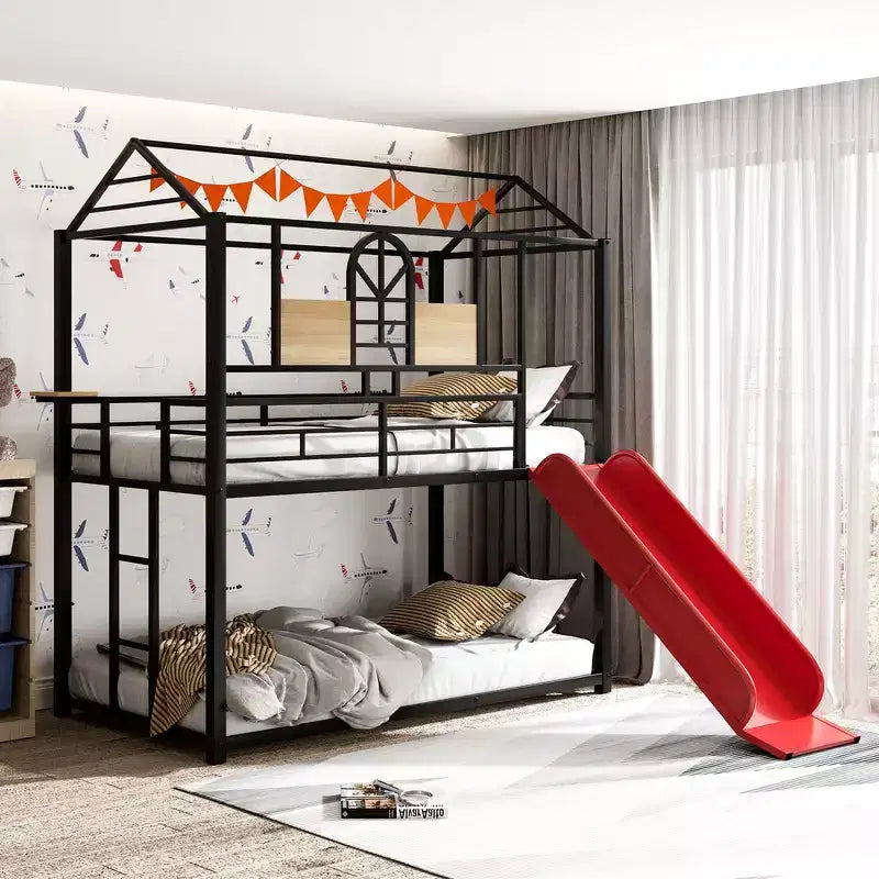 Twin Over Twin Bunk Bed & Housebed, Metal Bed Frame with Slide and Guard Rail