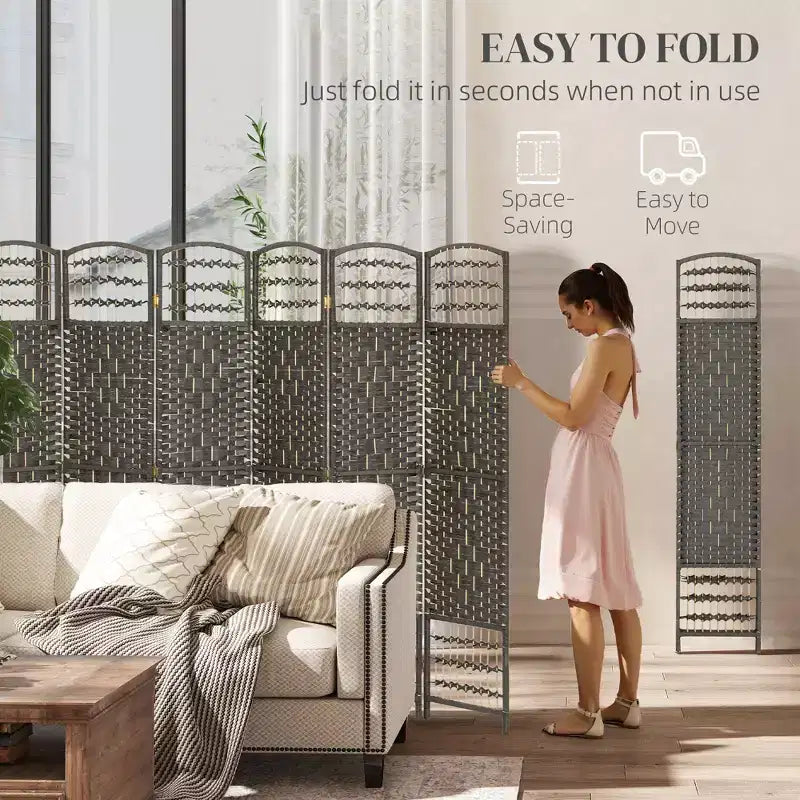 6 Panel Folding Room Divider Portable Privacy Screen Wave Fiber Room Partition for Home Office