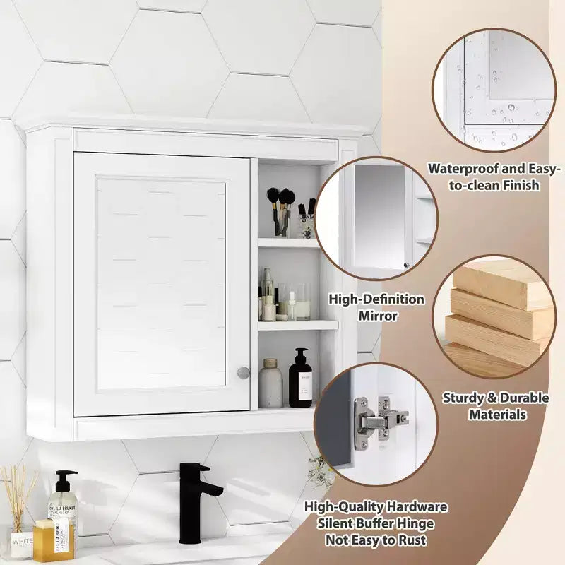 28 Medicine Cabinet, Wall Mounted Bathroom Storage Cabinet with Mirror 3 Open Shelves Modern White