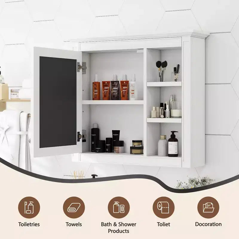 28 Medicine Cabinet, Wall Mounted Bathroom Storage Cabinet with Mirror 3 Open Shelves Modern White