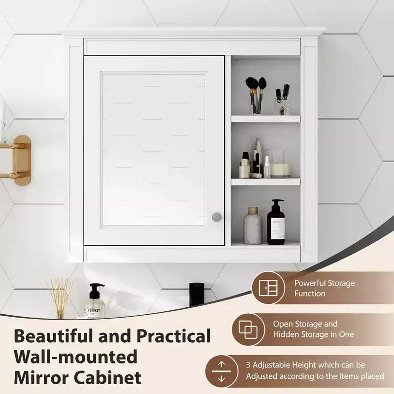 28 Medicine Cabinet, Wall Mounted Bathroom Storage Cabinet with Mirror 3 Open Shelves Modern White