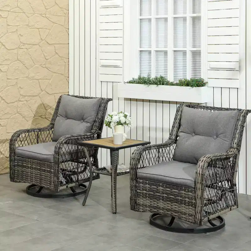 3 Piece Outdoor Bistro Set, Wicker Small Patio Furniture Set with Swivel Glider Chairs for Balcony, Porch