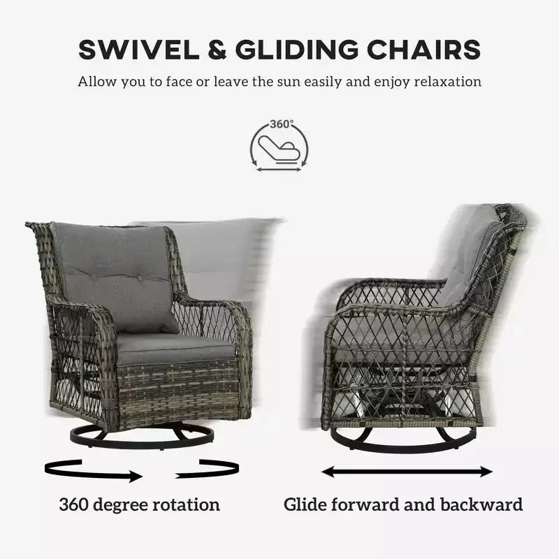 3 Piece Outdoor Bistro Set, Wicker Small Patio Furniture Set with Swivel Glider Chairs for Balcony, Porch