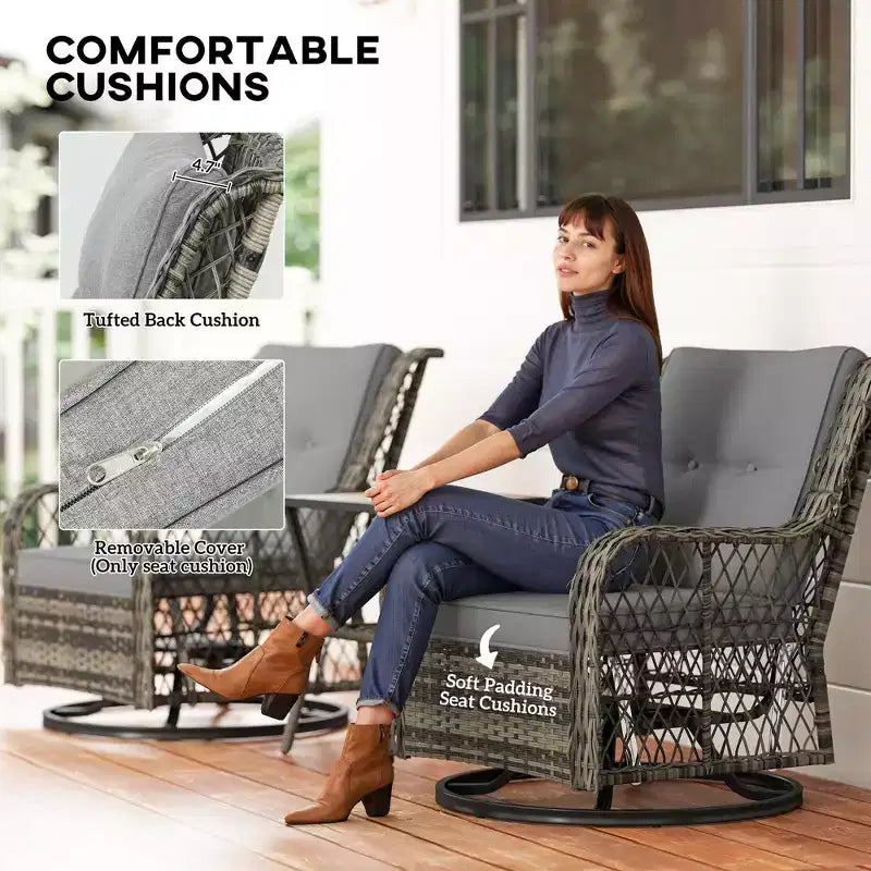 3 Piece Outdoor Bistro Set, Wicker Small Patio Furniture Set with Swivel Glider Chairs for Balcony, Porch