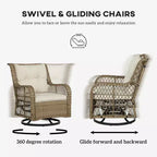 3 Piece Outdoor Bistro Set, Wicker Small Patio Furniture Set with Swivel Glider Chairs for Balcony, Porch