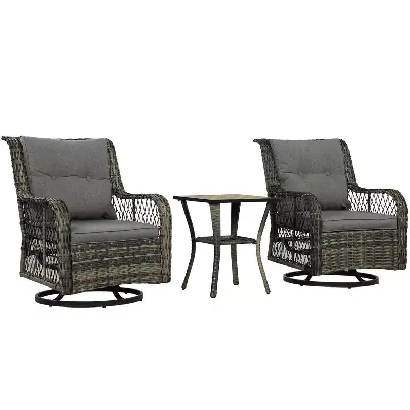 3 Piece Outdoor Bistro Set, Wicker Small Patio Furniture Set with Swivel Glider Chairs for Balcony, Porch