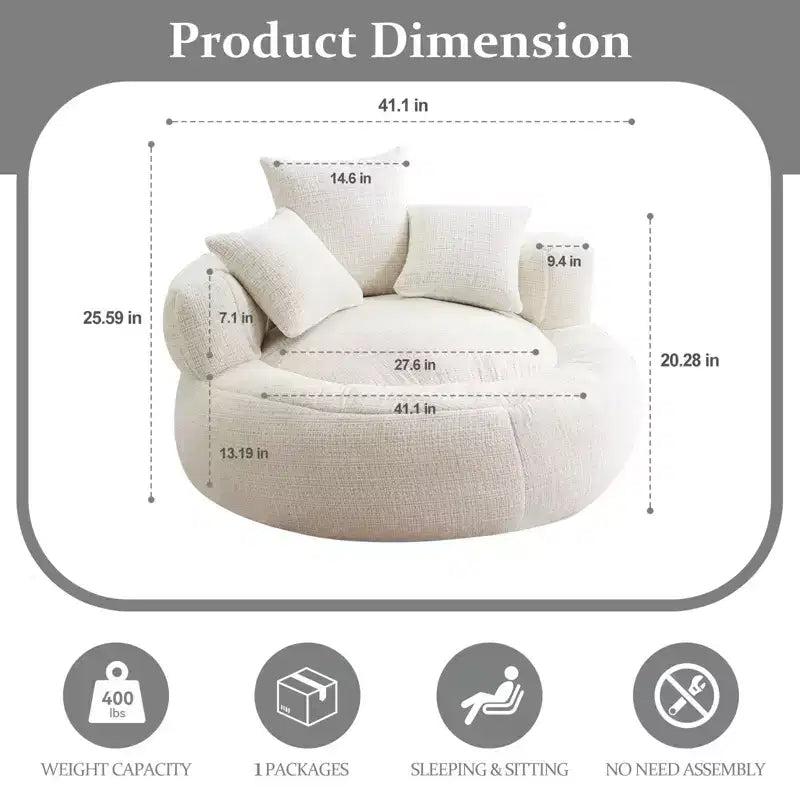Round Ultra Soft Chenille Foam Bean Bag Chair - Oversized Comfy with Armrests & 3 Pillows - for Adults/Teens (White)