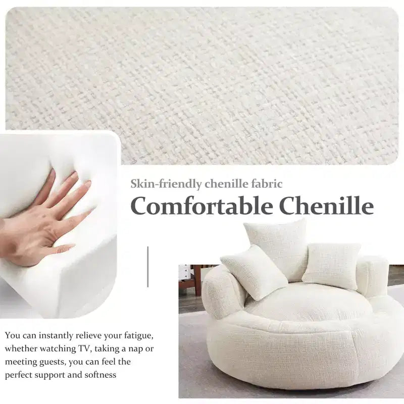 Round Ultra Soft Chenille Foam Bean Bag Chair - Oversized Comfy with Armrests & 3 Pillows - for Adults/Teens (White)
