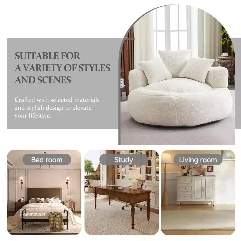 Round Ultra Soft Chenille Foam Bean Bag Chair - Oversized Comfy with Armrests & 3 Pillows - for Adults/Teens (White)