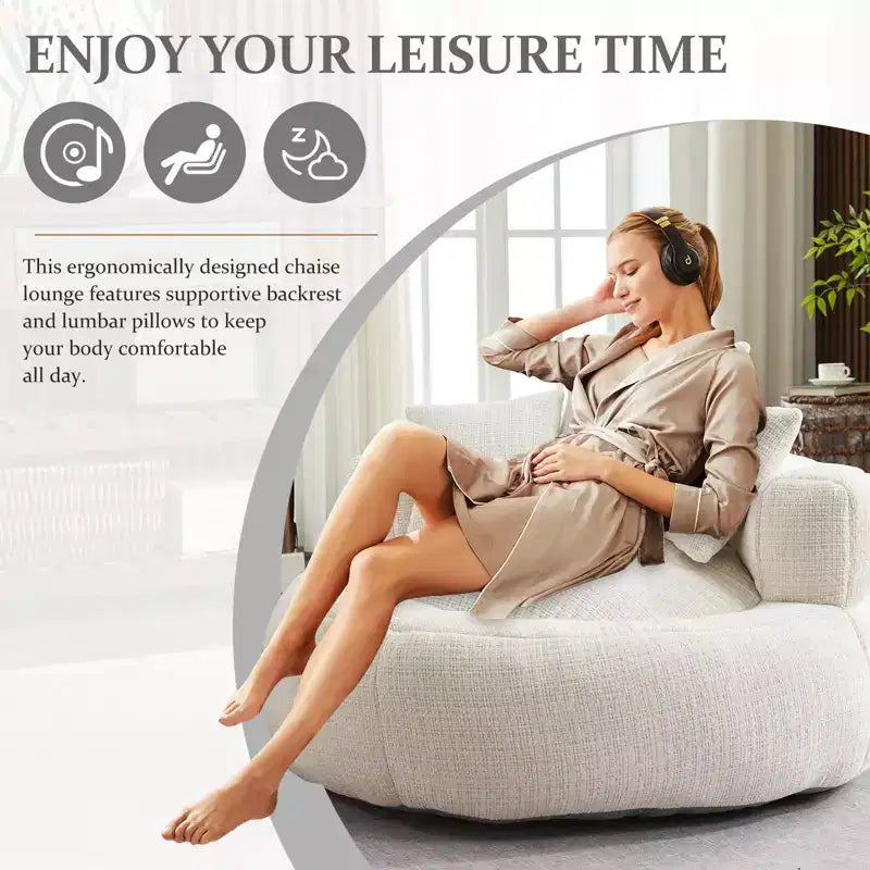 Round Ultra Soft Chenille Foam Bean Bag Chair - Oversized Comfy with Armrests & 3 Pillows - for Adults/Teens (White)