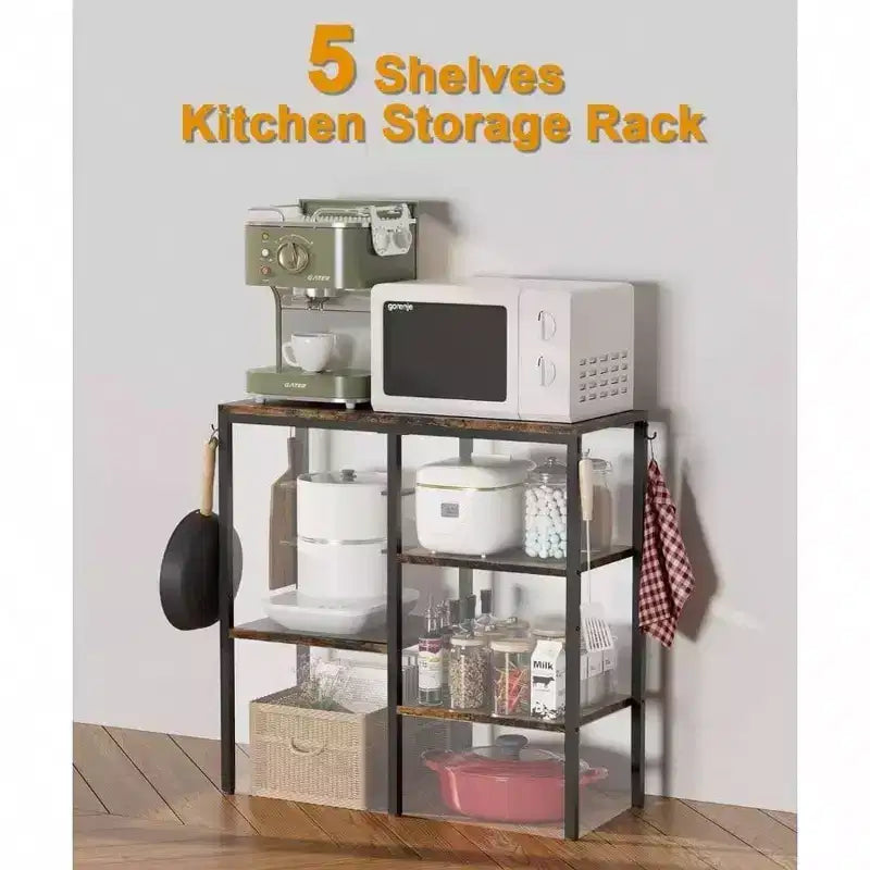4 - Tier Kitchen Microwave Oven Stand Adjustable Coffee Bar Station Small Appliance Baker's Rack with 4 Hooks 5 Storage