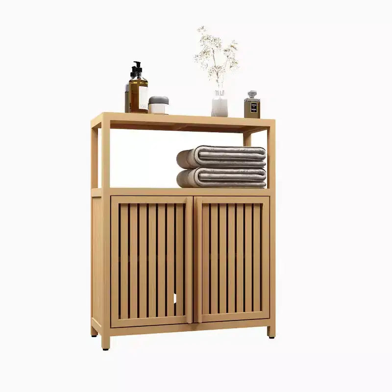 Large Capacity Bamboo Storage Cabinet with Double Doors, Open Shelf