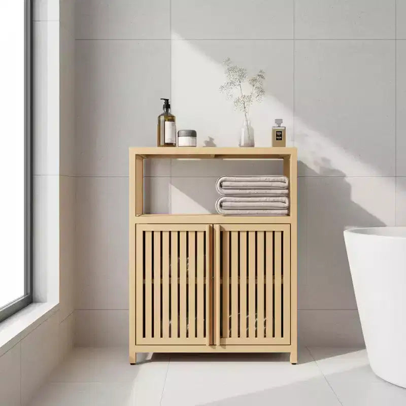 Large Capacity Bamboo Storage Cabinet with Double Doors, Open Shelf