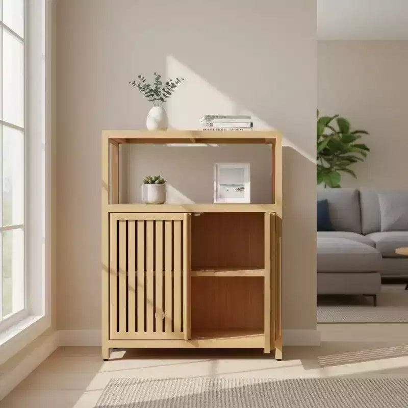 Large Capacity Bamboo Storage Cabinet with Double Doors, Open Shelf