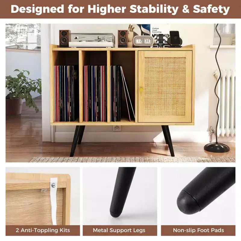 Record Player Stand w/ Charging Station & Rattan Cabinet Adjustable Shelf