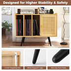 Record Player Stand w/ Charging Station & Rattan Cabinet Adjustable Shelf